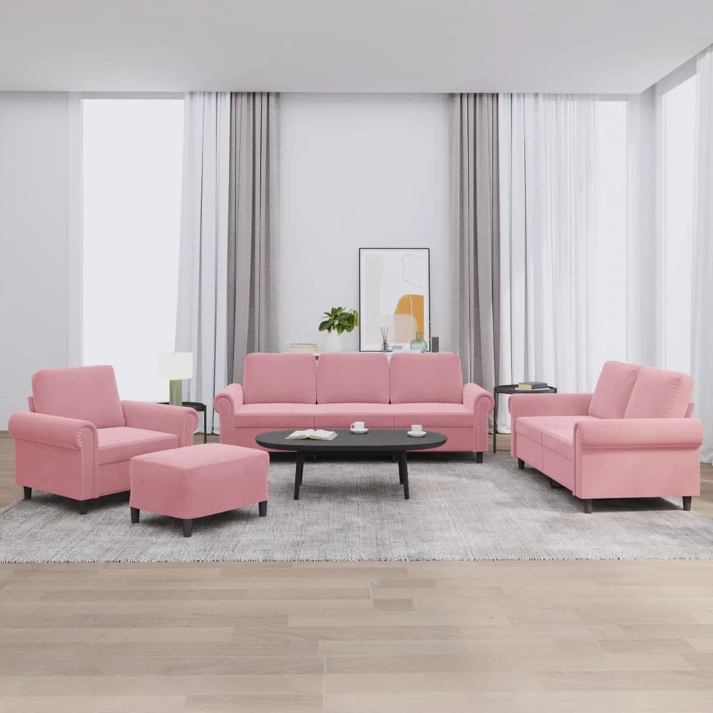Sofa Sofos komplektas su pagalvėlėmis, 4 dalių, rožinis, aksomas
