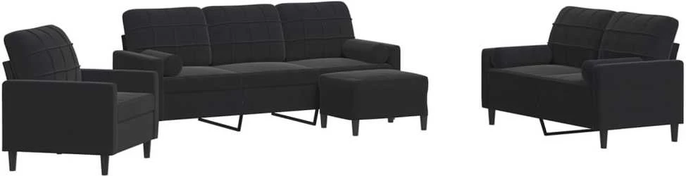 Sofa Sofos komplektas su pagalvėlėmis, 4 dalių, juodas, aksomas