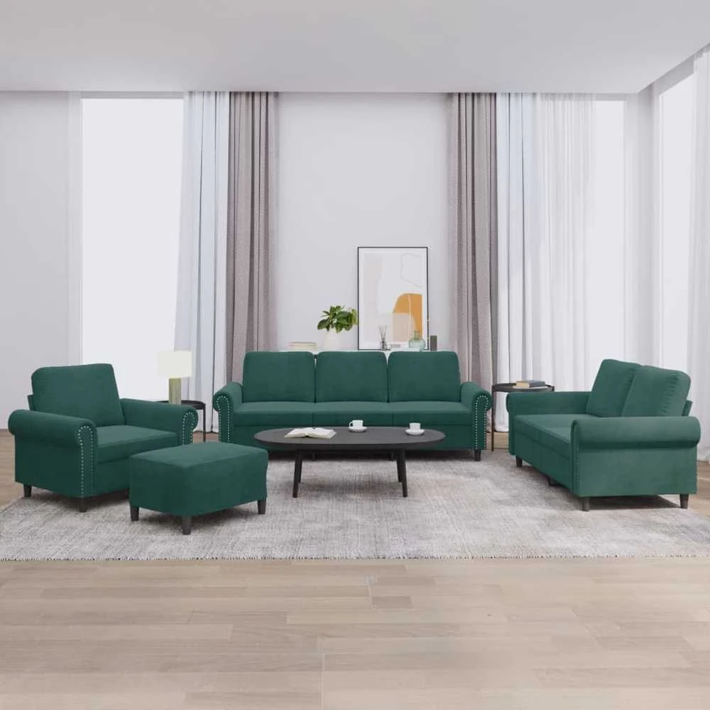 Sofa Sofos komplektas su pagalvėlėmis, 4 dalių, žalias, aksomas
