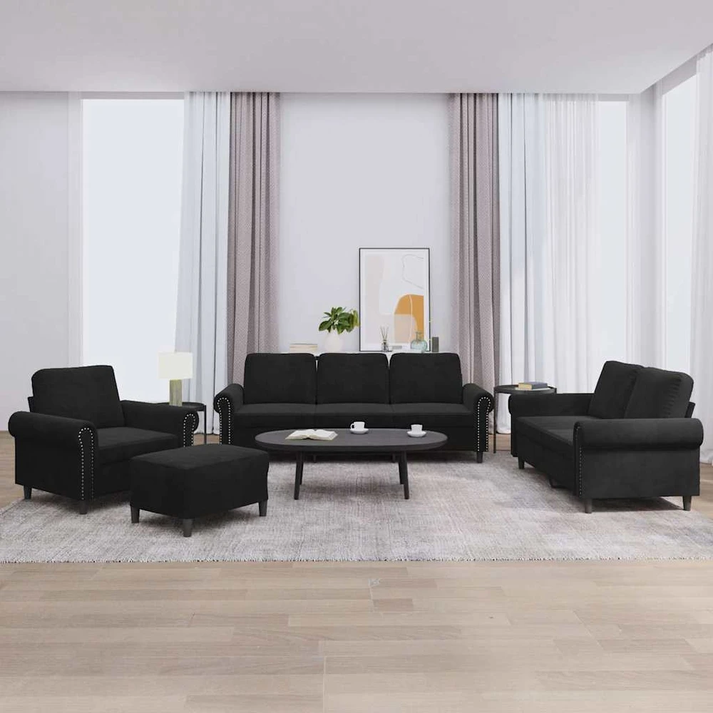 Sofa Sofos komplektas su pagalvėlėmis, 4 dalių, juodas, aksomas