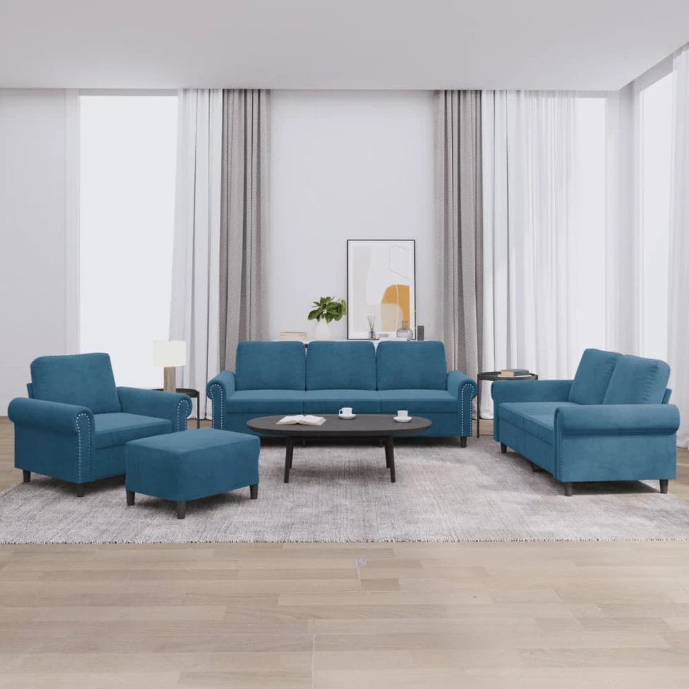 Sofa Sofos komplektas su pagalvėlėmis, 4 dalių, mėlynas, aksomas