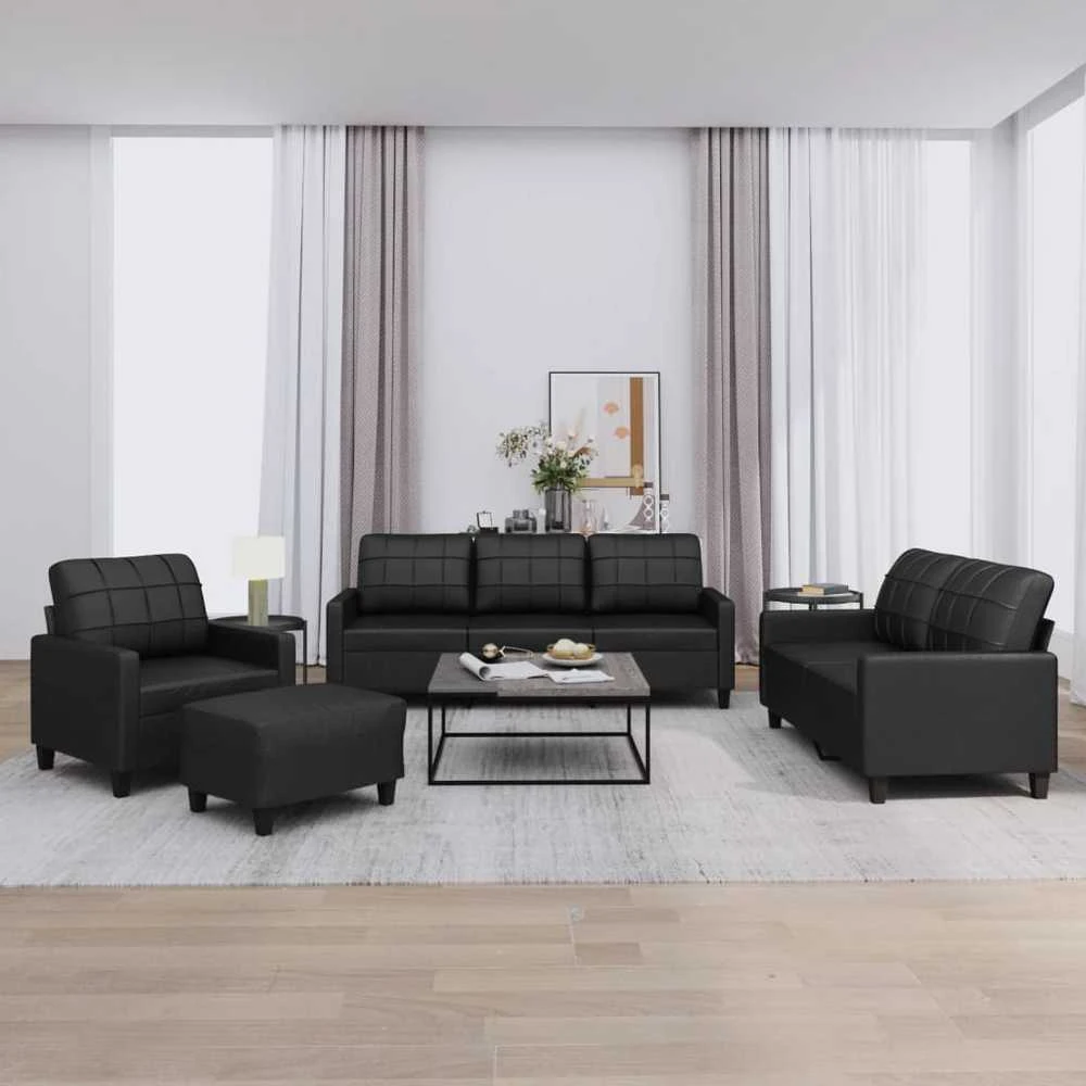 Sofa Sofos komplektas su pagalvėlėmis, 4 dalių, juodas, dirbtinė oda