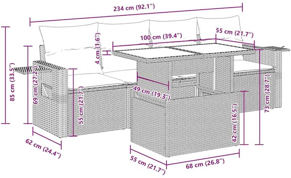 Lauko baldų komplektas Sofos komplektas su pagalvėlėmis, 5 dalių, rudas, poliratanas
