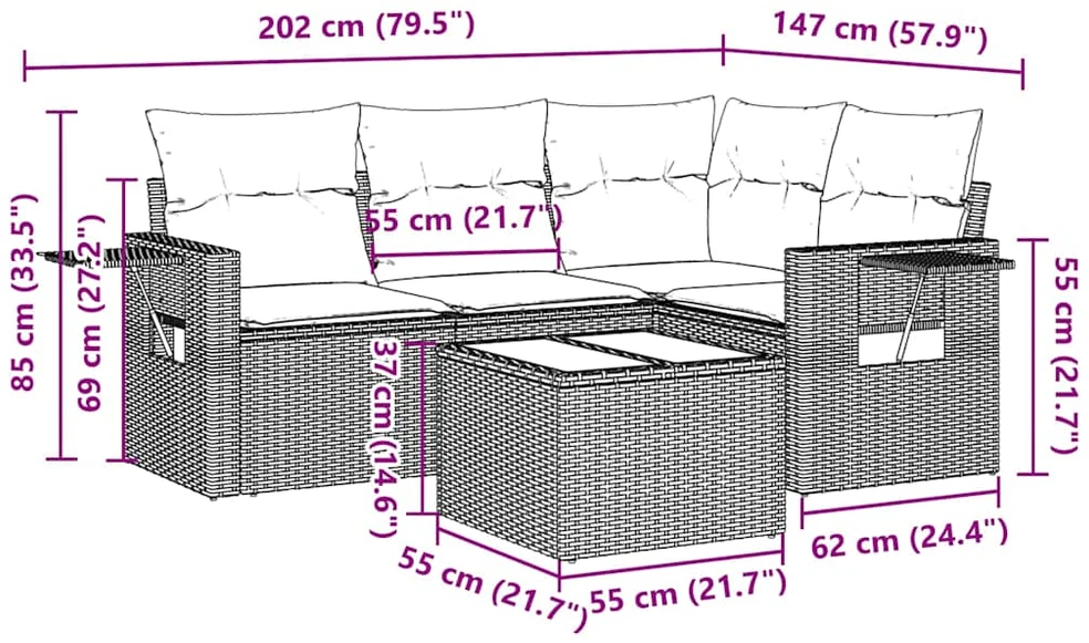 Sofa Sofos komplektas su pagalvėlėmis, 5 dalių, pilkas, poliratanas