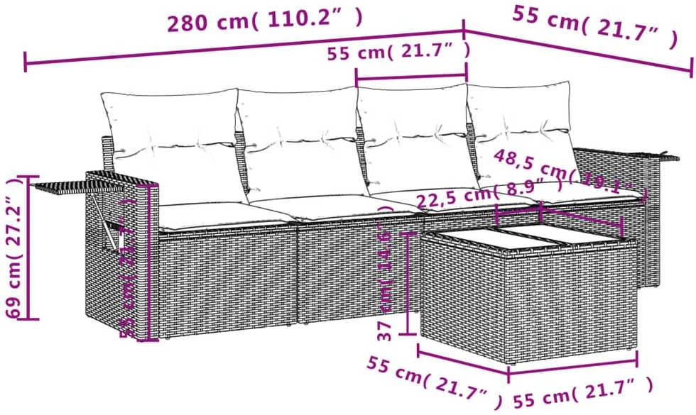 Sofa Sofos komplektas su pagalvėlėmis, 5 dalių, smėlio, poliratanas