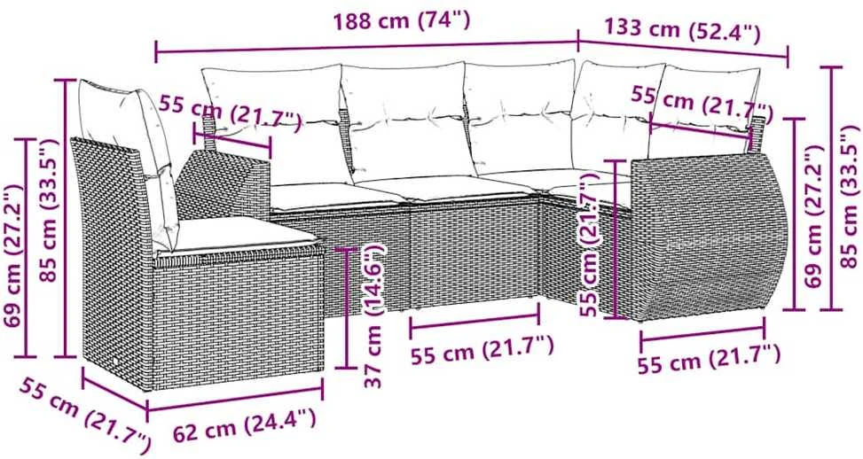 Sofa Sofos komplektas su pagalvėlėmis, 5 dalių, pilkas, poliratanas
