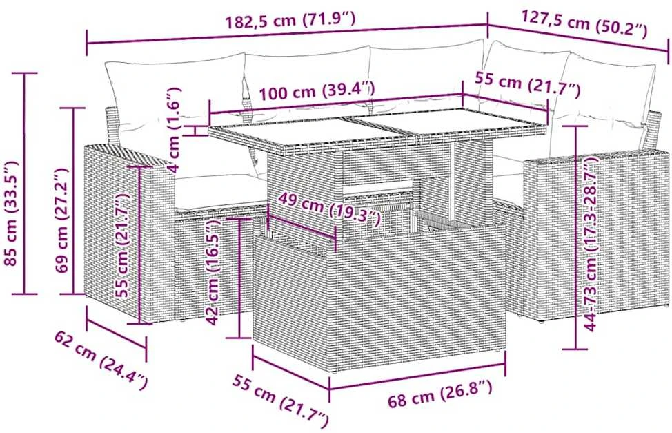 Lauko baldų komplektas Sofos komplektas su pagalvėlėmis, 5 dalių, rudas, poliratanas