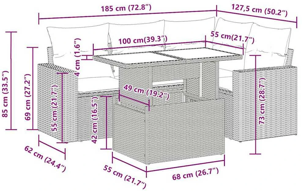 Lauko baldų komplektas Sofos komplektas su pagalvėlėmis, 5 dalių, pilkas, poliratanas