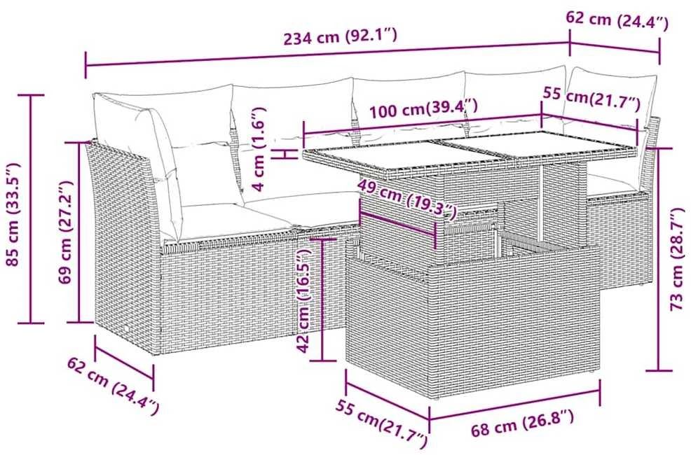 Sofa Sofos komplektas su pagalvėlėmis, 5 dalių, pilkas, poliratanas