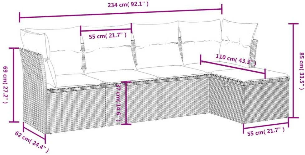 Sofa Sofos komplektas su pagalvėlėmis, 5 dalių, pilkas, poliratanas