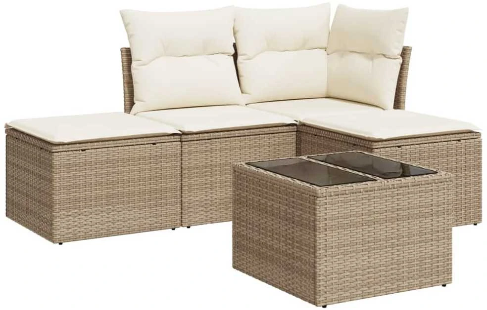 Sofa Sofos komplektas su pagalvėlėmis, 5 dalių, smėlio, poliratanas