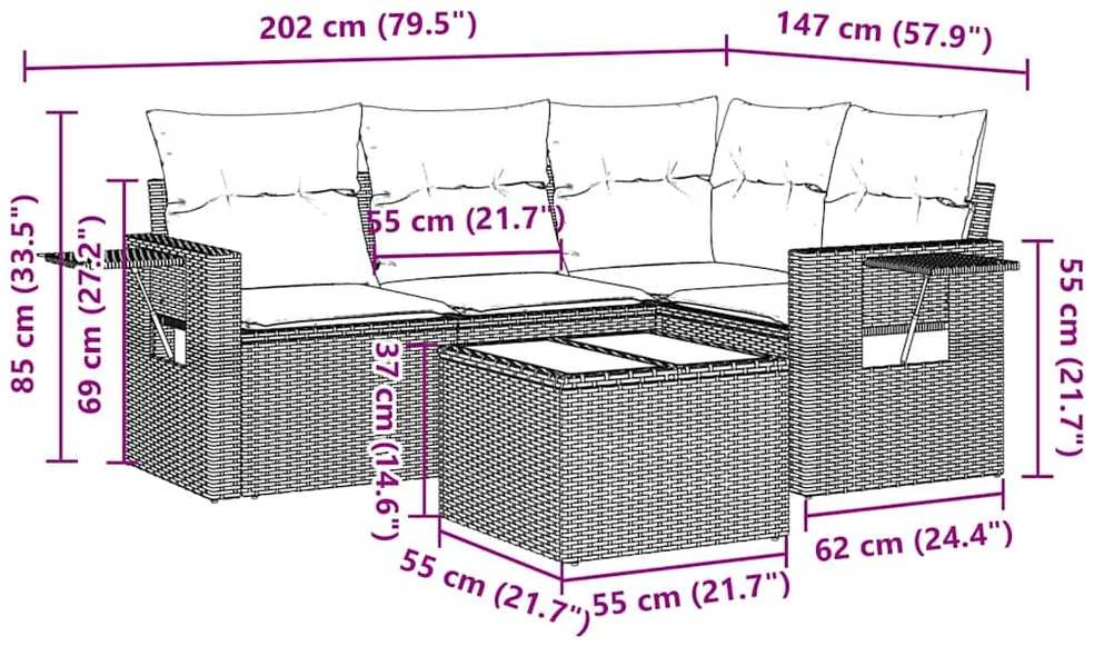 Sofa Sofos komplektas su pagalvėlėmis, 5 dalių, pilkas, poliratanas