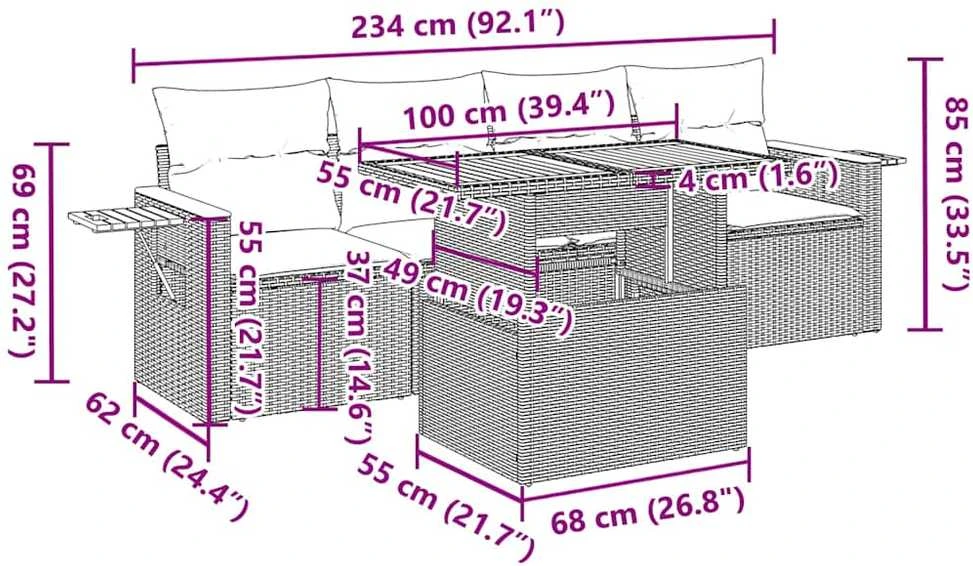 Sofa Sofos komplektas su pagalvėlėmis, 5 dalių, smėlio, poliratanas