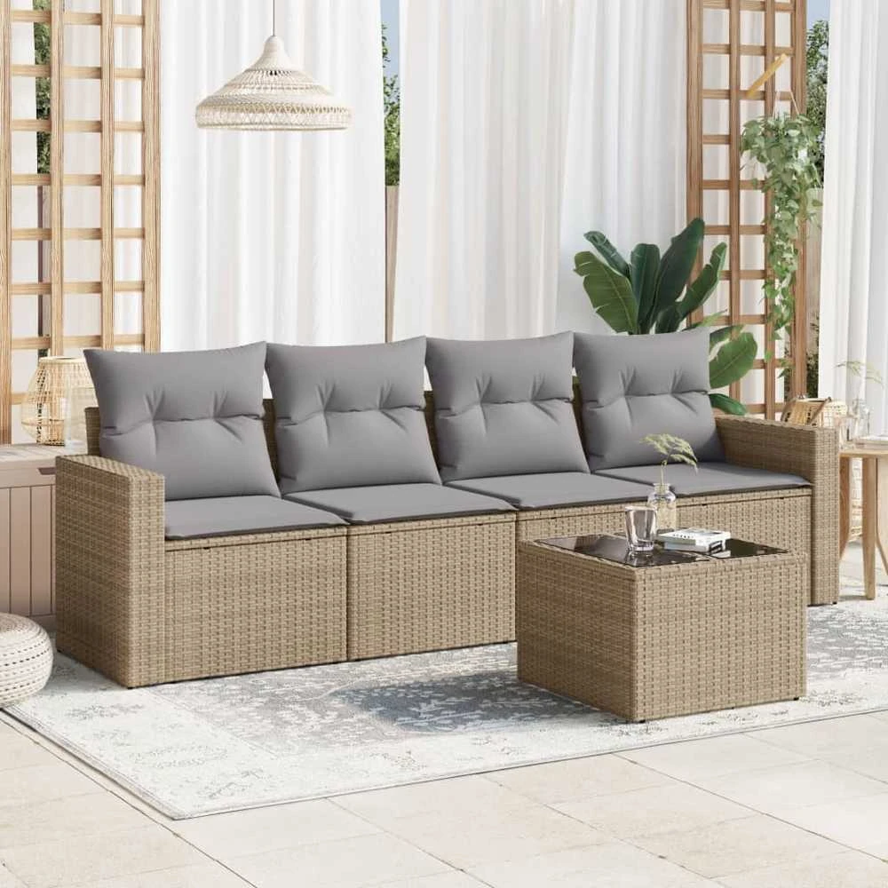 Sofa Sofos komplektas su pagalvėlėmis, 5 dalių, smėlio, poliratanas