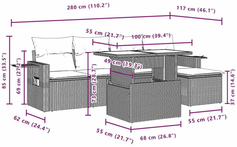 Lauko baldų komplektas Sofos komplektas su pagalvėlėmis, 6 dalių, juodas, poliratanas