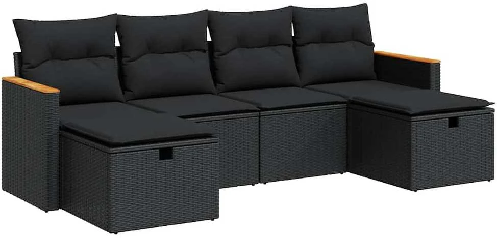 Lauko baldų komplektas Sofos komplektas su pagalvėlėmis, 6 dalių, juodas, poliratanas