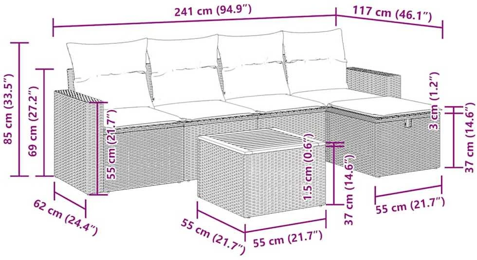 Sofos komplektas su pagalvėlėmis, 6 dalių, juodas, poliratanas