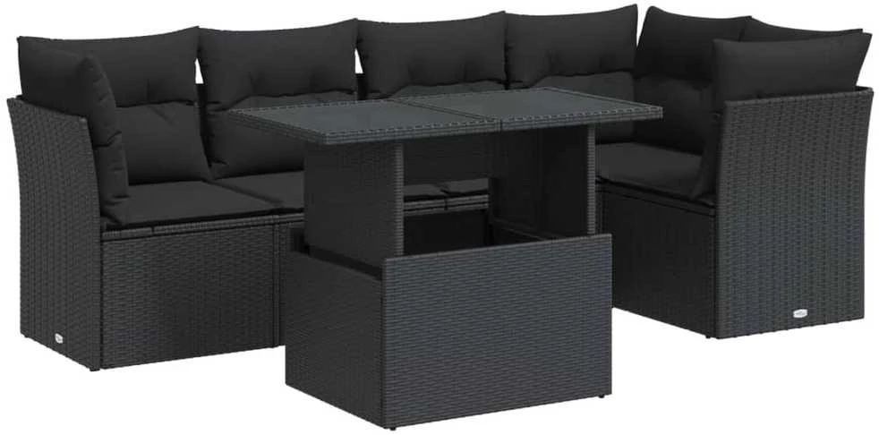Lauko baldų komplektas Sofos komplektas su pagalvėlėmis, 6 dalių, juodas, poliratanas
