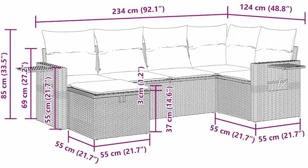 Lauko baldų komplektas Sofos komplektas su pagalvėlėmis, 6 dalių, pilkas, poliratanas