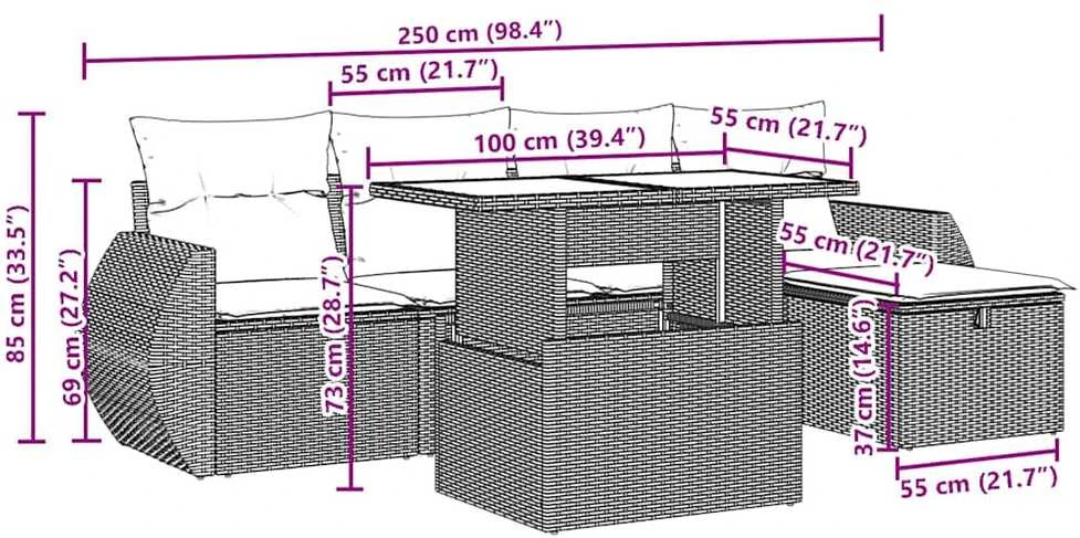 Sofa Sofos komplektas su pagalvėlėmis, 6 dalių, pilkas, poliratanas