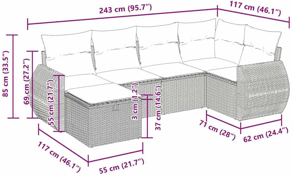 Lauko baldų komplektas Sofos komplektas su pagalvėlėmis, 6 dalių, pilkas, poliratanas