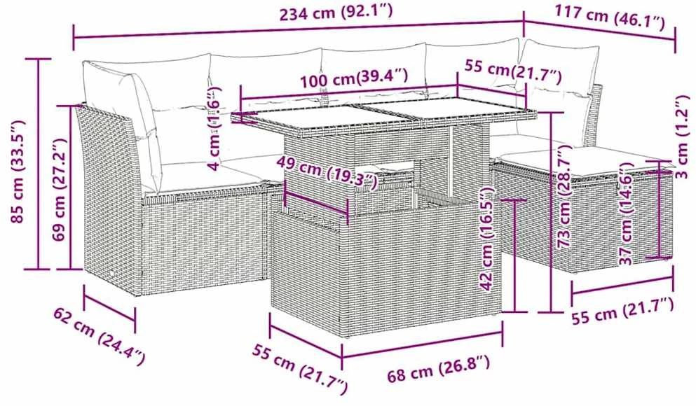 Lauko baldų komplektas Sofos komplektas su pagalvėlėmis, 6 dalių, pilkas, poliratanas