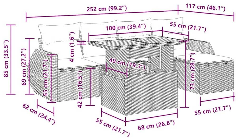 Lauko baldų komplektas Sofos komplektas su pagalvėlėmis, 6 dalių, pilkas, poliratanas