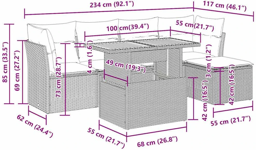 Lauko baldų komplektas Sofos komplektas su pagalvėlėmis, 6 dalių, juodas, poliratanas
