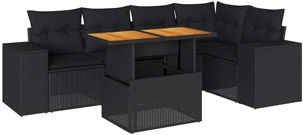 Lauko baldų komplektas Sofos komplektas su pagalvėlėmis, 6 dalių, juodas, poliratanas