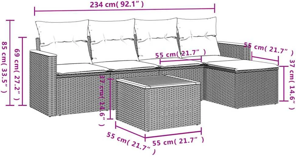Lauko baldų komplektas Sofos komplektas su pagalvėlėmis, 6 dalių, juodas, poliratanas