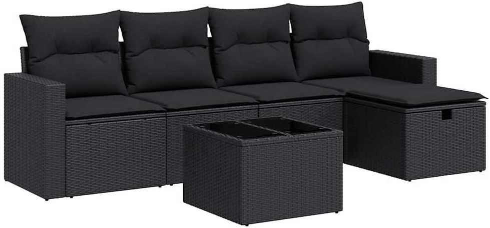 Sofa Sofos komplektas su pagalvėlėmis, 6 dalių, juodas, poliratanas