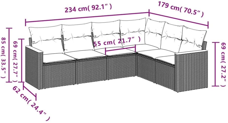 Lauko baldų komplektas Sofos komplektas su pagalvėlėmis, 6 dalių, juodas, poliratanas