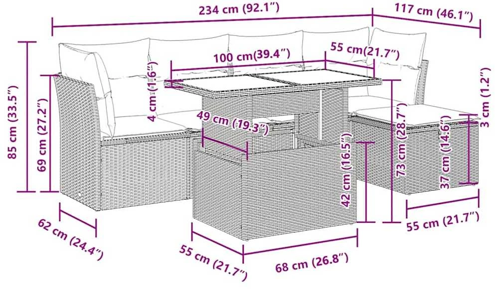 Sofa Sofos komplektas su pagalvėlėmis, 6 dalių, juodas, poliratanas