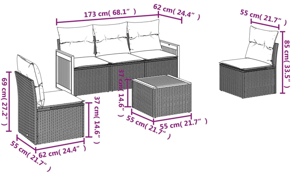 Sofa Sofos komplektas su pagalvėlėmis, 6 dalių, smėlio, poliratanas