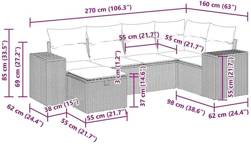 Lauko baldų komplektas Sofos komplektas su pagalvėlėmis, 6 dalių, juodas, poliratanas