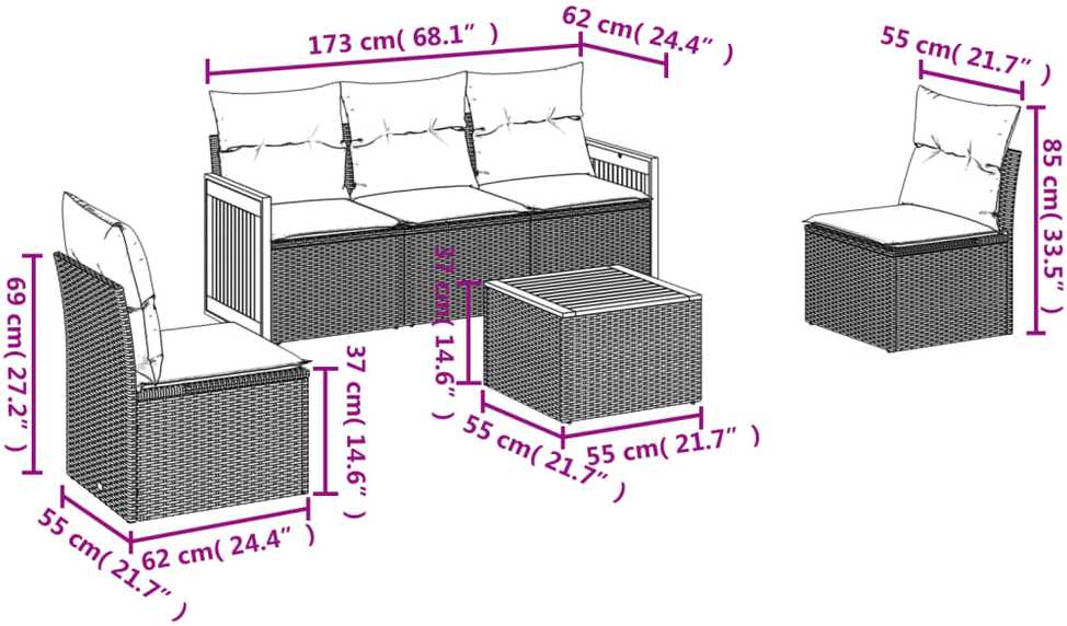 Sofa Sofos komplektas su pagalvėlėmis, 6 dalių, smėlio, poliratanas
