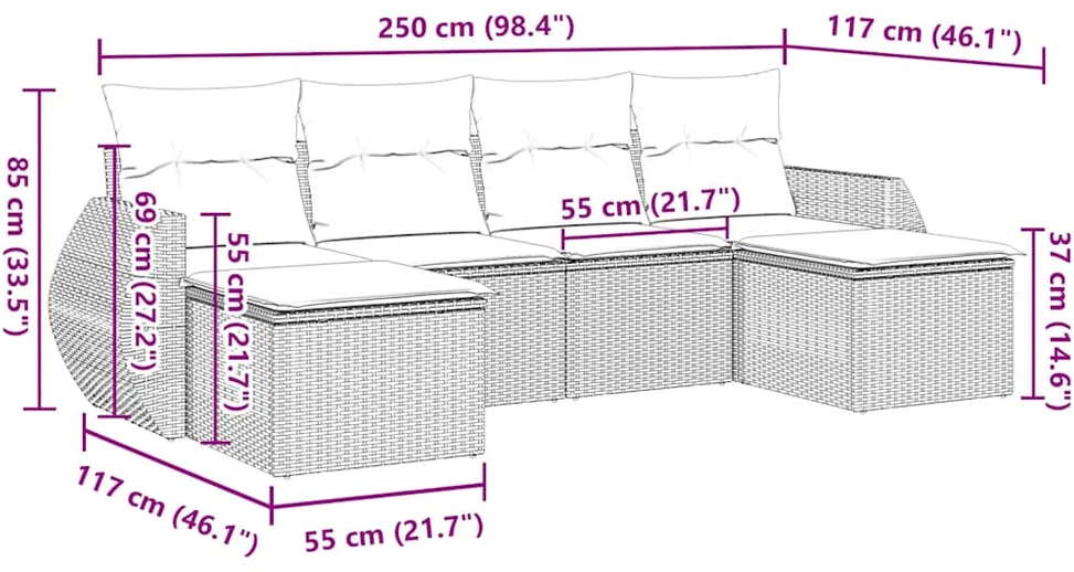 Sofa Sofos komplektas su pagalvėlėmis, 6 dalių, pilkas, poliratanas