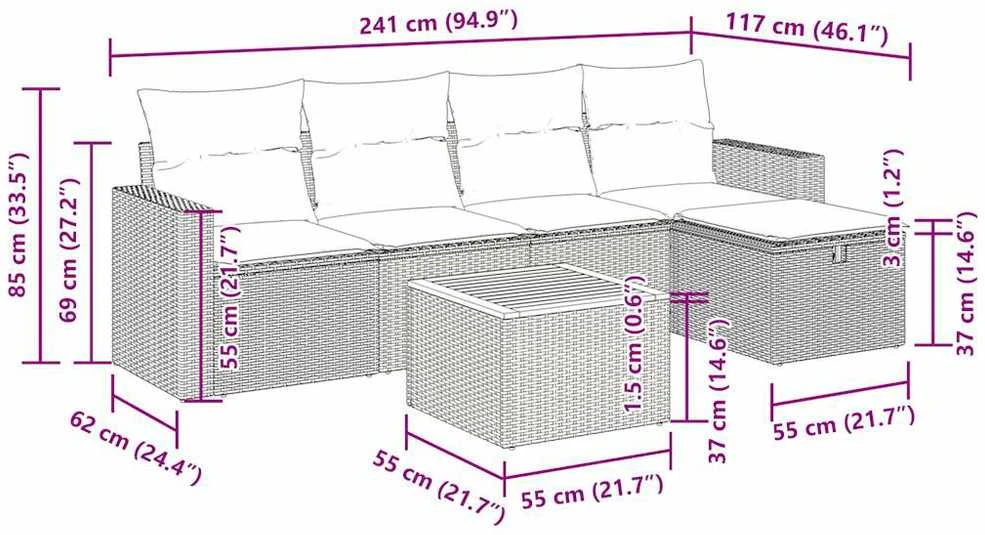 Lauko baldų komplektas Sofos komplektas su pagalvėlėmis, 6 dalių, juodas, poliratanas