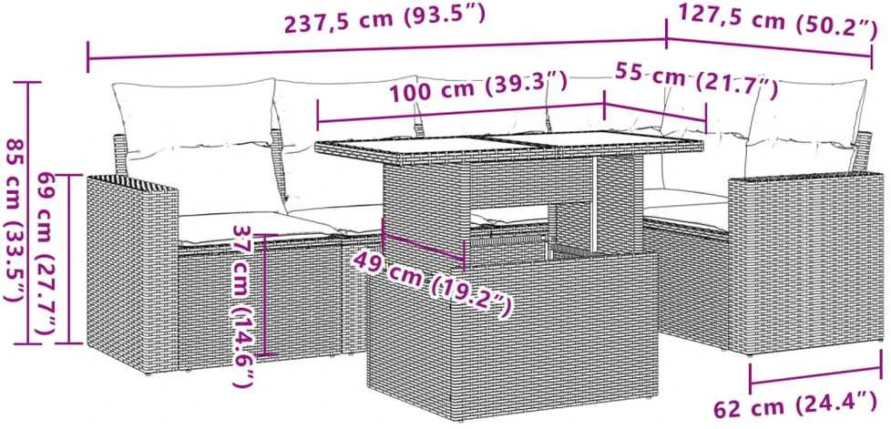Lauko baldų komplektas Sofos komplektas su pagalvėlėmis, 6 dalių, rudas, poliratanas