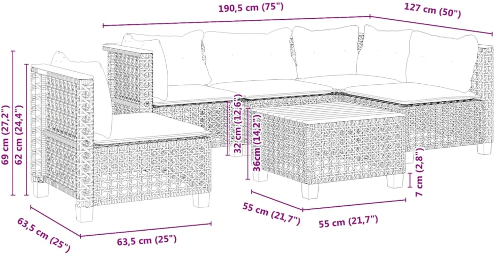 Lauko baldų komplektas Sofos komplektas su pagalvėlėmis, 6 dalių, pilkas, poliratanas