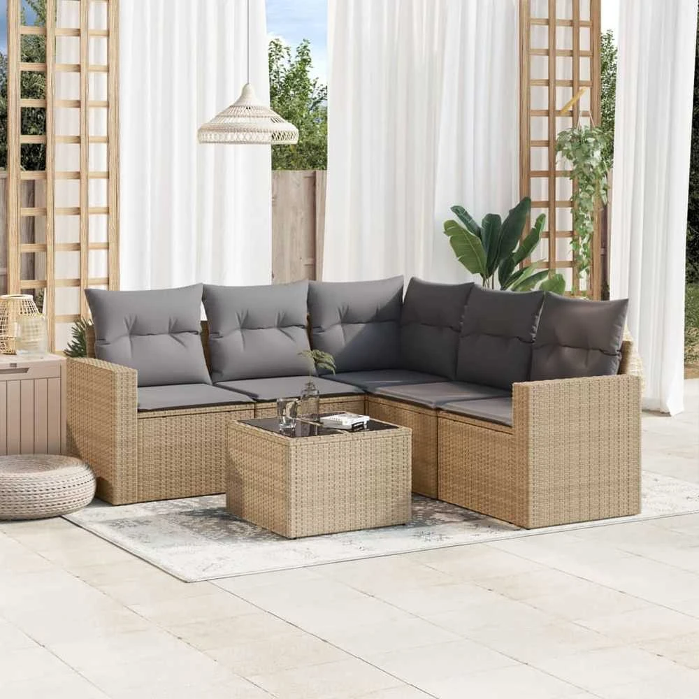 Sofa Sofos komplektas su pagalvėlėmis, 6 dalių, smėlio, poliratanas