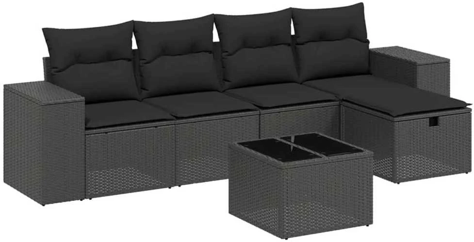 Sofa Sofos komplektas su pagalvėlėmis, 6 dalių, juodas, poliratanas