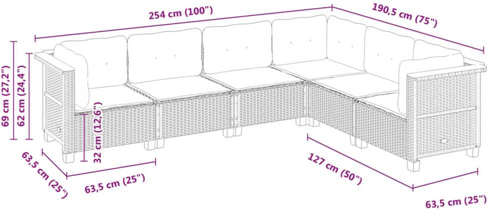 Lauko baldų komplektas Sofos komplektas su pagalvėlėmis, 6 dalių, juodas, poliratanas