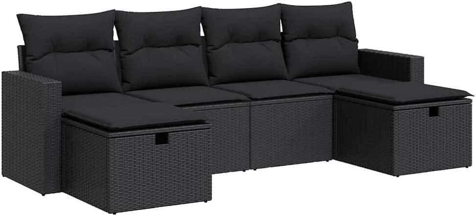 Sofa Sofos komplektas su pagalvėlėmis, 6 dalių, juodas, poliratanas