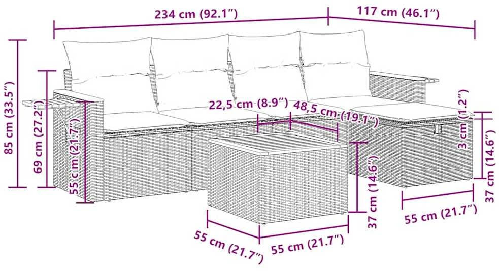 Lauko baldų komplektas Sofos komplektas su pagalvėlėmis, 6 dalių, juodas, poliratanas