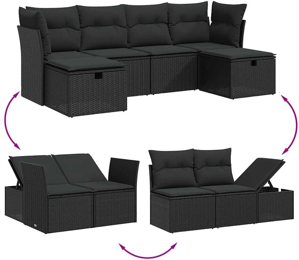 Lauko baldų komplektas Sofos komplektas su pagalvėlėmis, 6 dalių, juodas, poliratanas