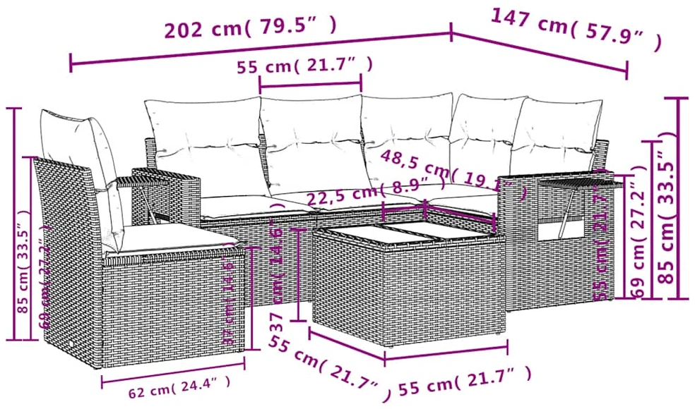 Sofa Sofos komplektas su pagalvėlėmis, 6 dalių, pilkas, poliratanas