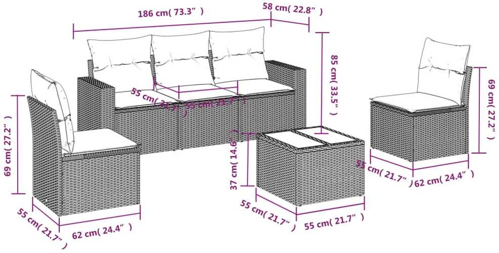 Sofa Sofos komplektas su pagalvėlėmis, 6 dalių, smėlio, poliratanas