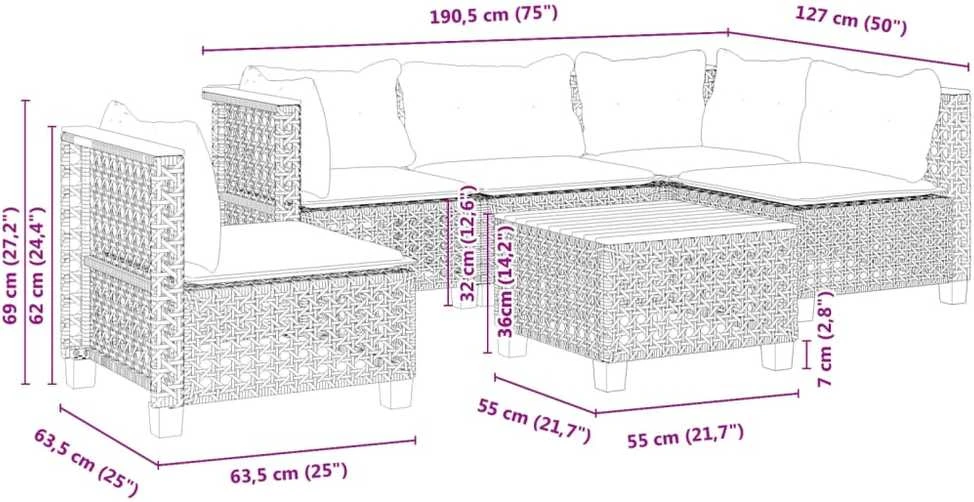 Lauko baldų komplektas Sofos komplektas su pagalvėlėmis, 6 dalių, pilkas, poliratanas