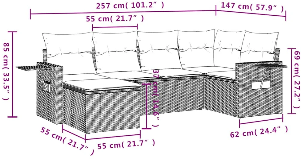 Sofa Sofos komplektas su pagalvėlėmis, 6 dalių, pilkas, poliratanas